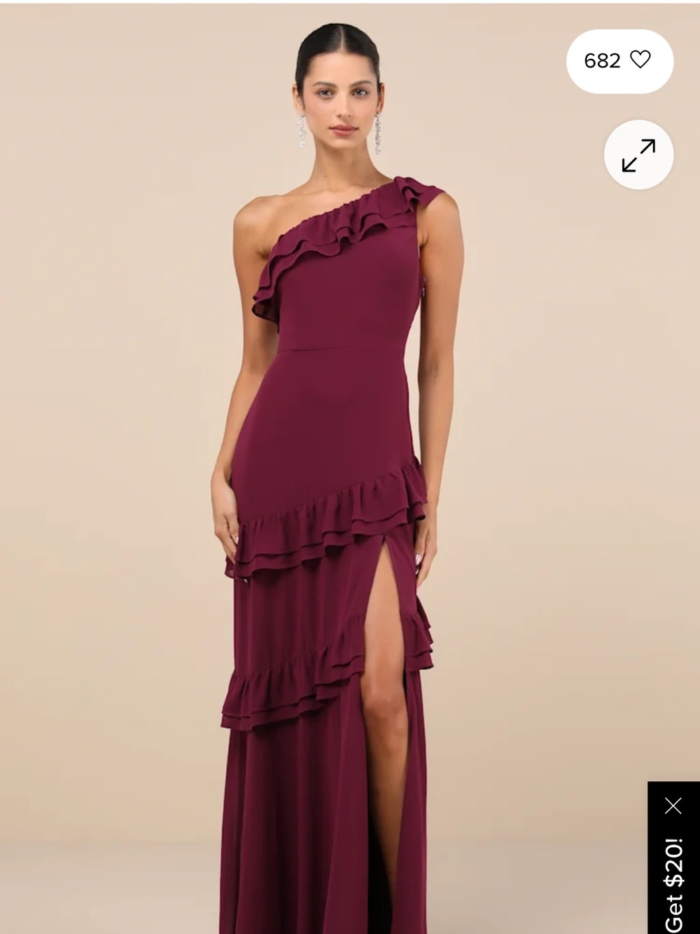 Lulu's One-Shoulder Ruffle Burgundy Gown